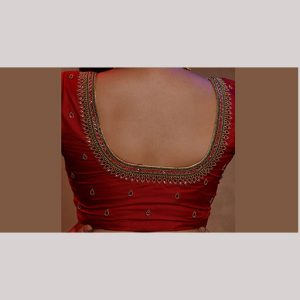 Bright red blouse with chain,french knot and kundan stone work